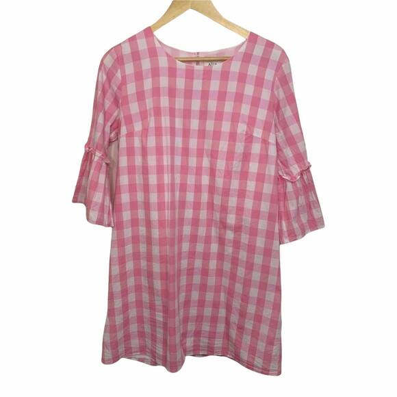 Aura‎ Pink Plaid Bell Sleeve Shift Dress Size Medium - Picture 1 of 4